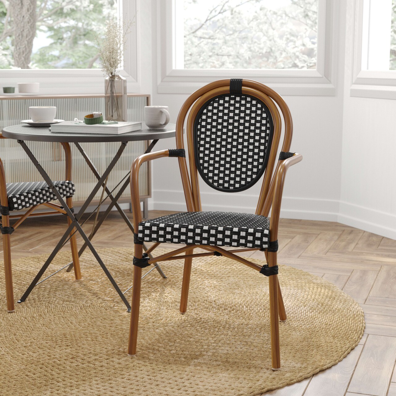 Merrick Lane Celia Stacking Thonet Bistro Style Chair with Arms, PE Rattan Seat, and Metal Frame for Indoor/Outdoor Use
